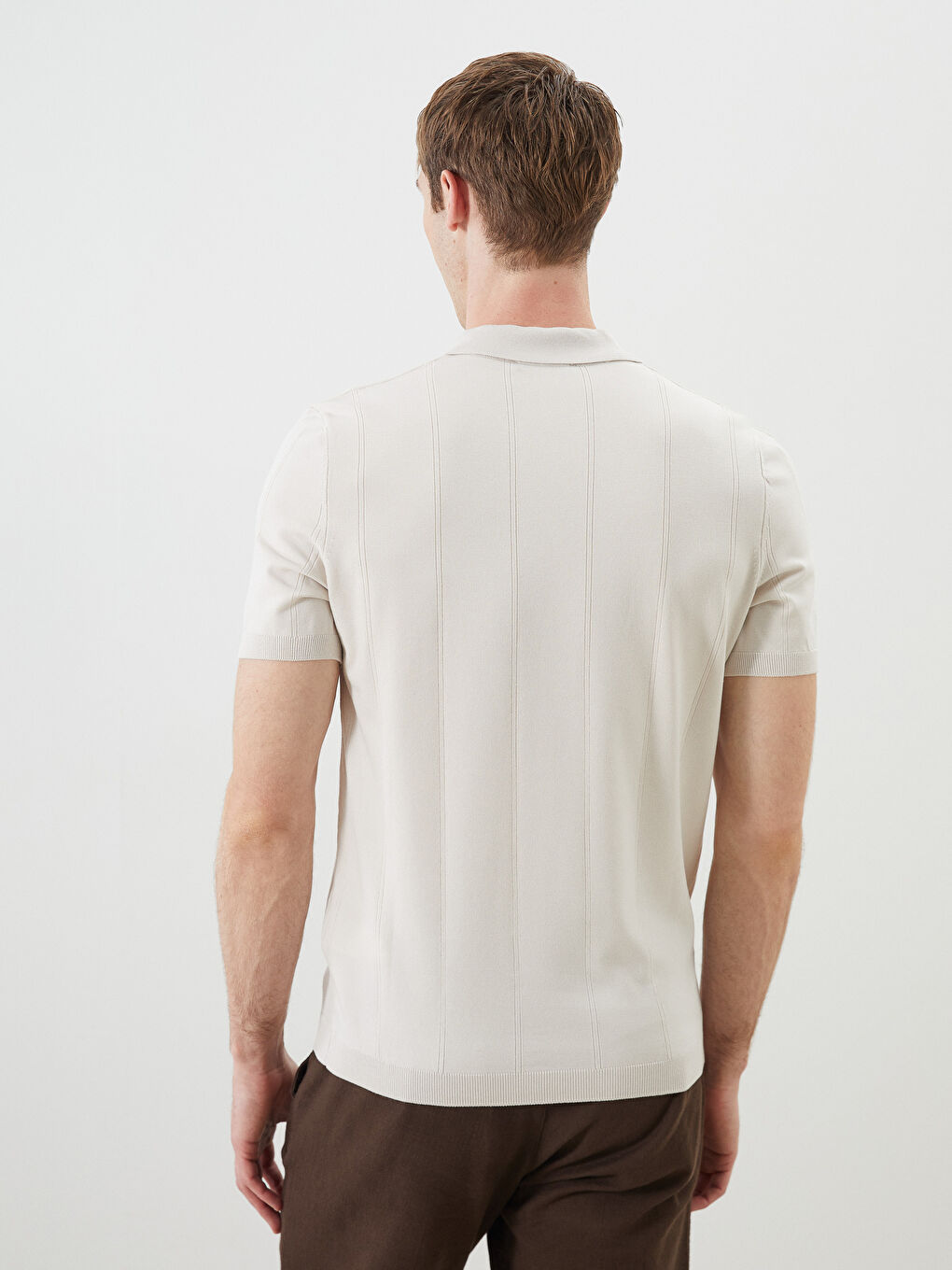 Bej Polo Yaka Kısa Kollu Erkek Triko Kazak-3