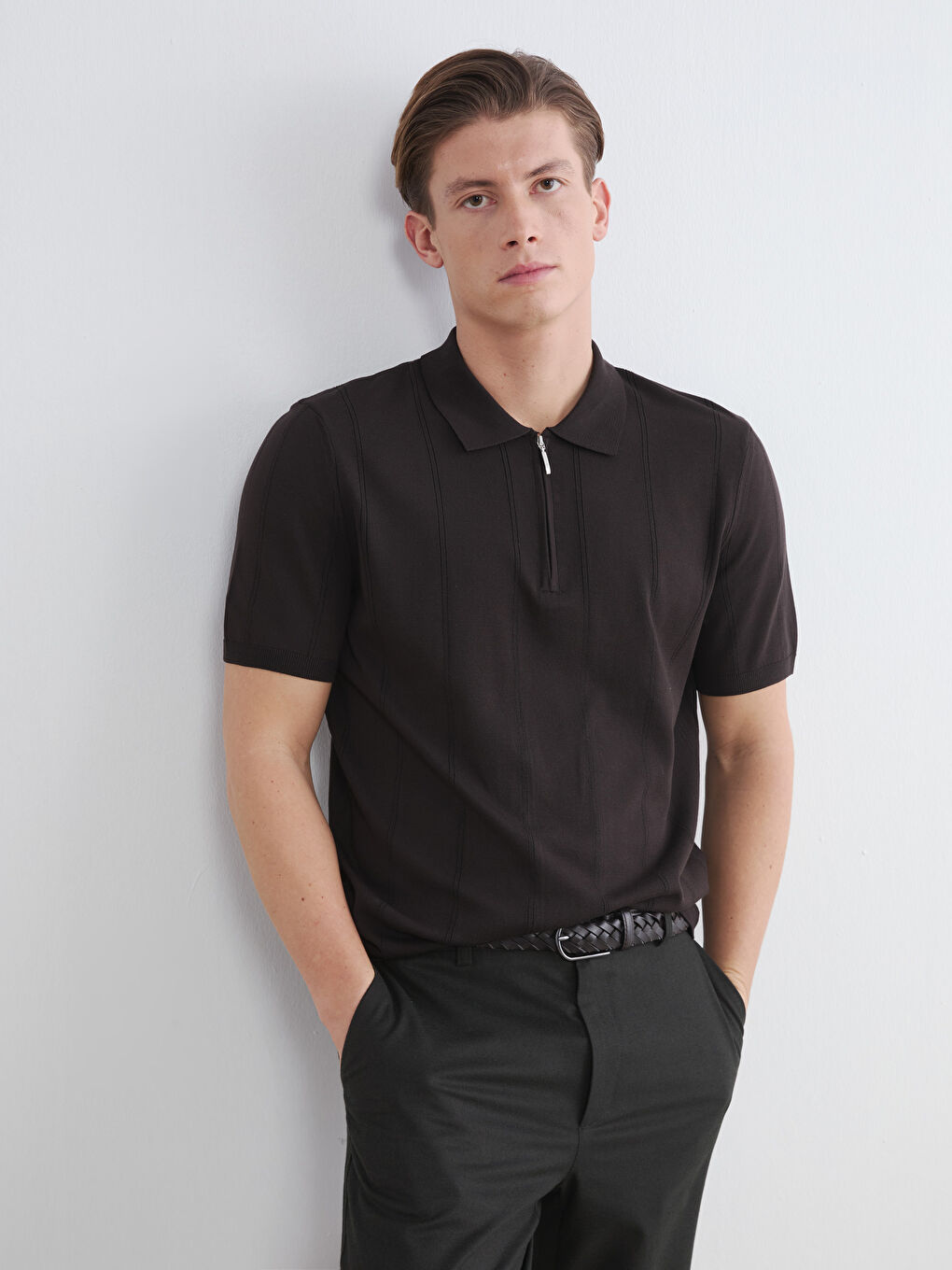 Kahverengi Polo Yaka Kısa Kollu Erkek Triko Kazak