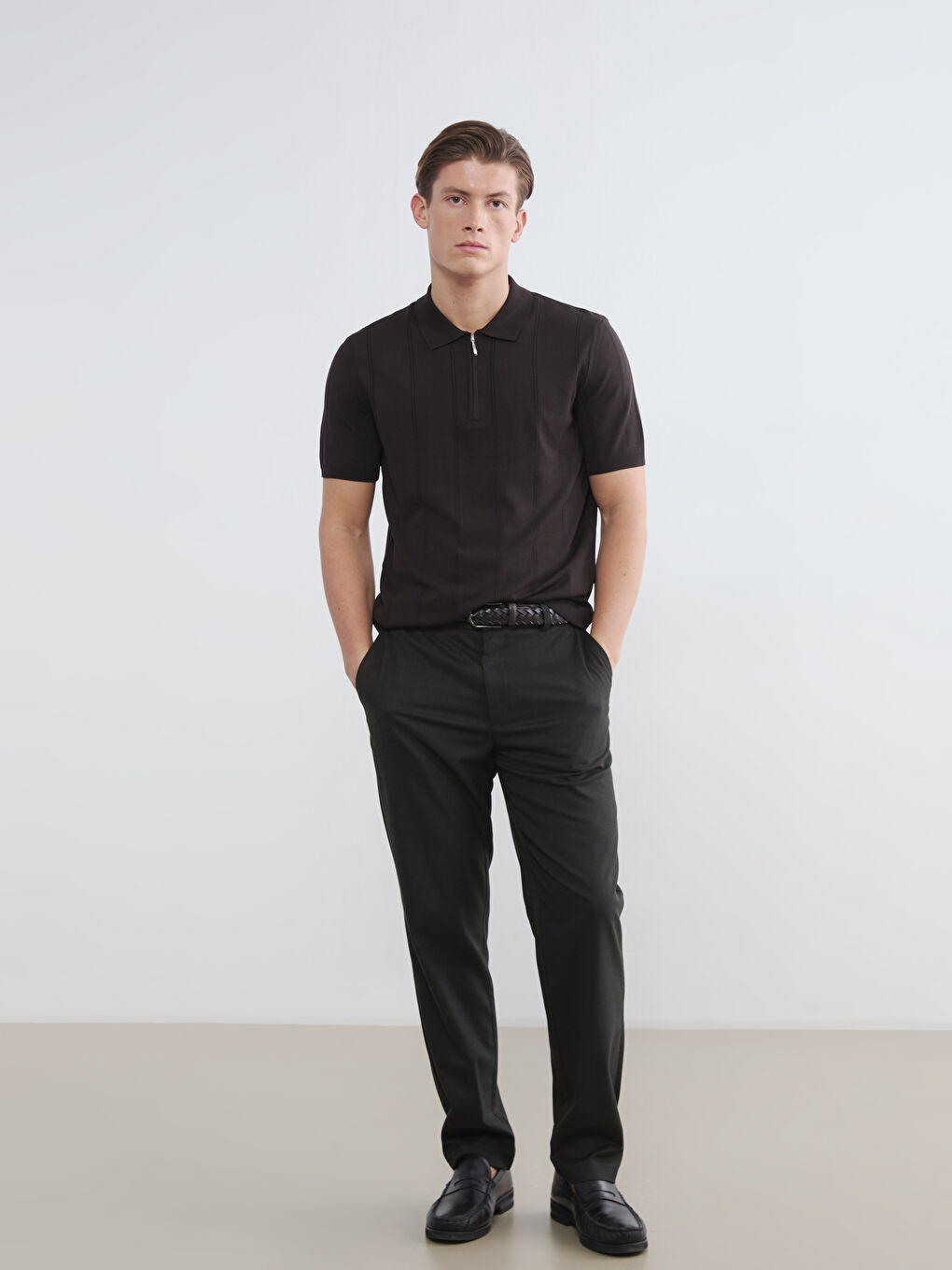 Kahverengi Polo Yaka Kısa Kollu Erkek Triko Kazak-1