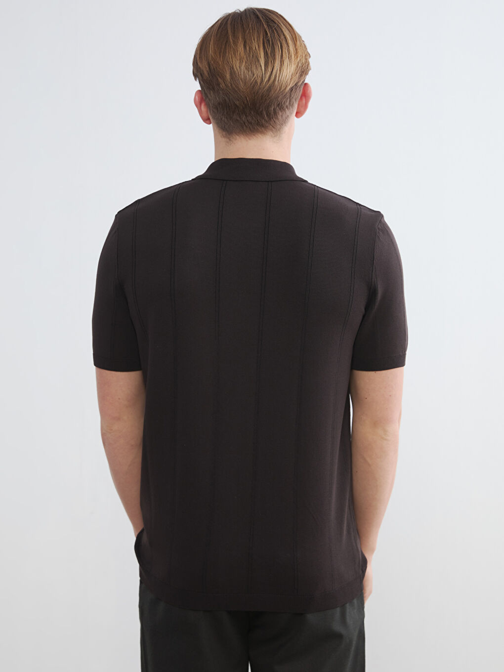 Kahverengi Polo Yaka Kısa Kollu Erkek Triko Kazak-3