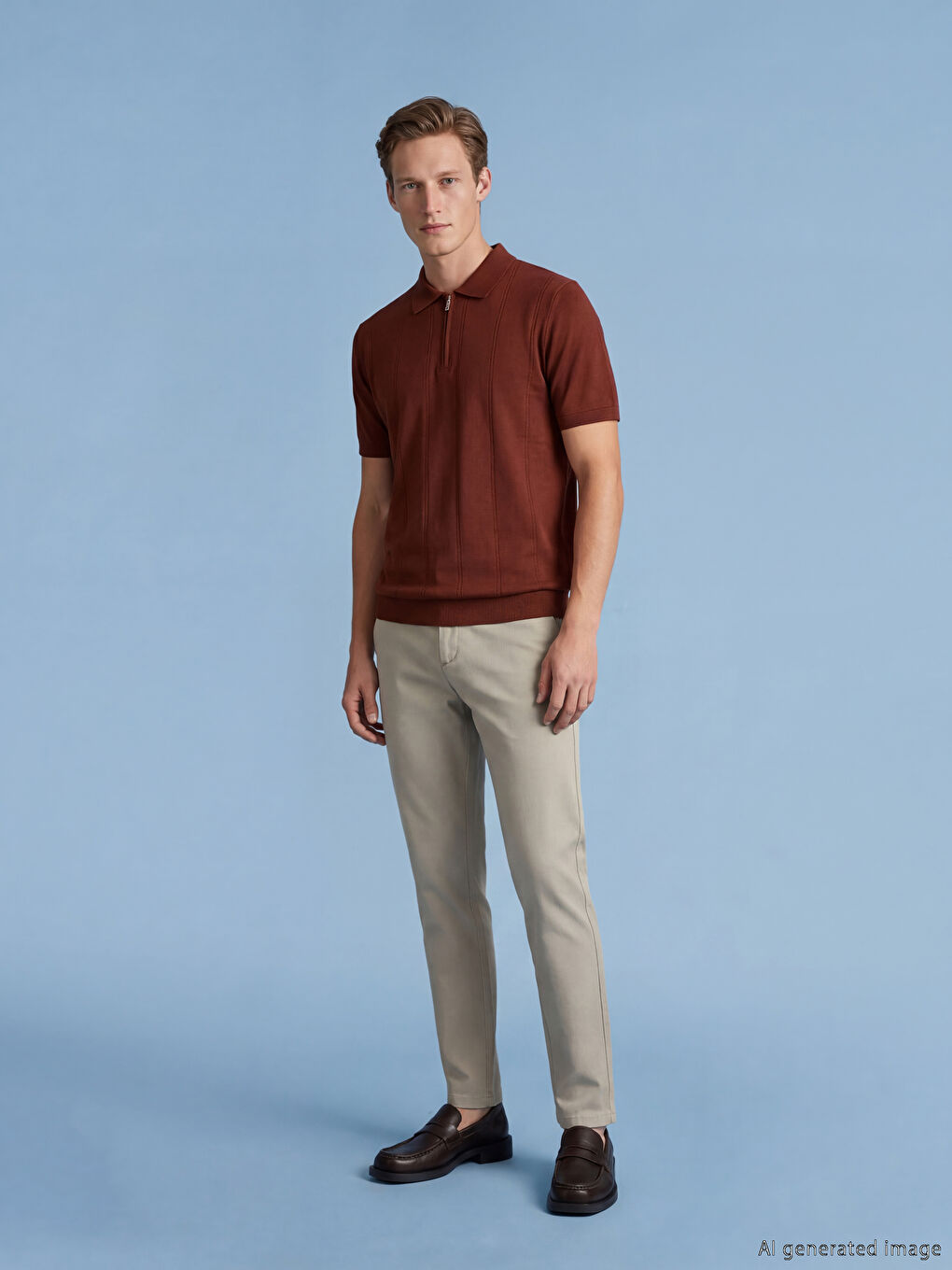 Kahverengi Polo Yaka Erkek Triko Tişört-1