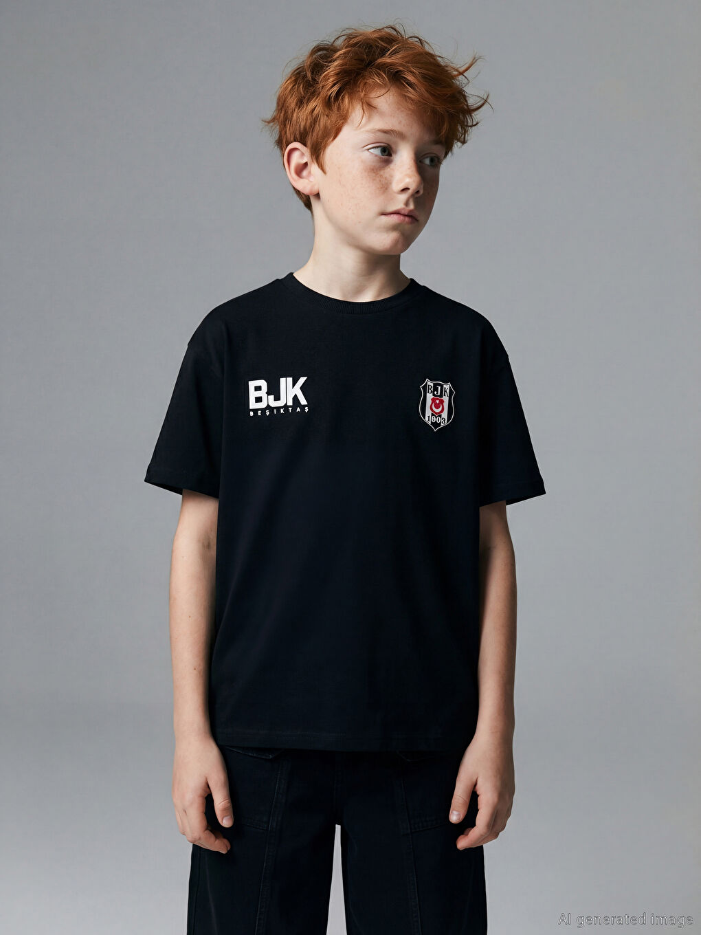 Siyah Bisiklet Yaka Beşiktaş Baskılı Erkek Çocuk Tişört