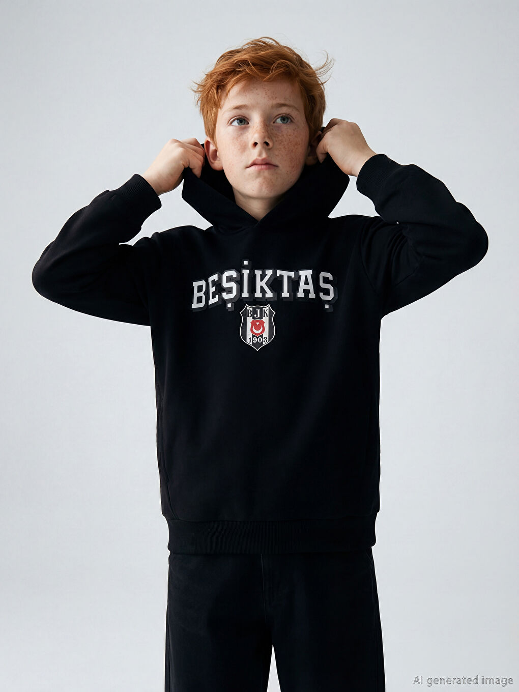 Siyah Kapüşonlu Beşiktaş Baskılı Erkek Çocuk Sweatshirt