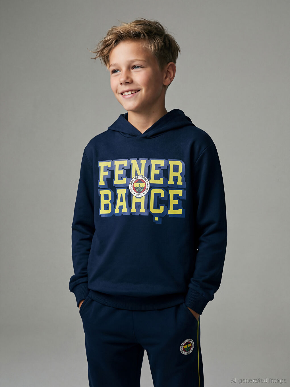 Lacivert Kapüşonlu Fenerbahçe Baskılı Erkek Çocuk Sweatshirt
