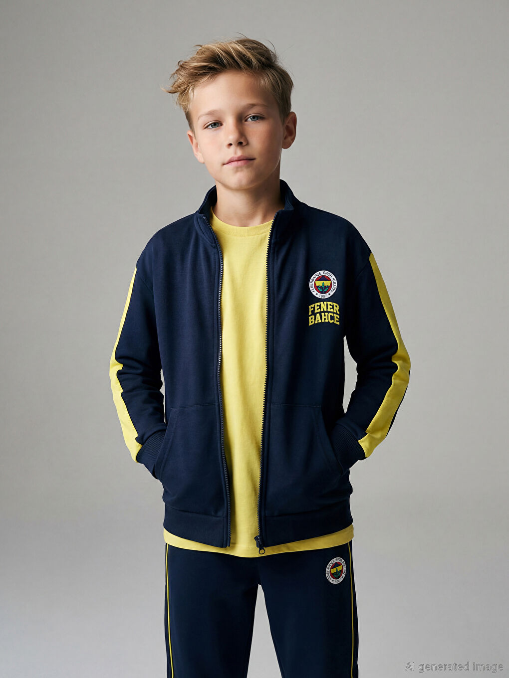Elevate his style with this stand-up collar, Fenerbahçe-print zip-up sweatshirt for boys.