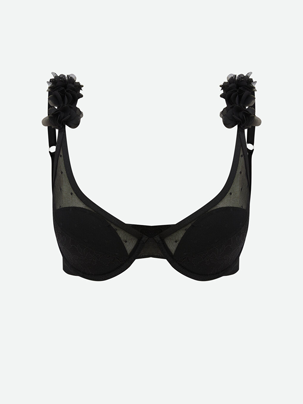 Siyah Balenli Dolgusuz Çiçek Detaylı Fantezi Sütyen