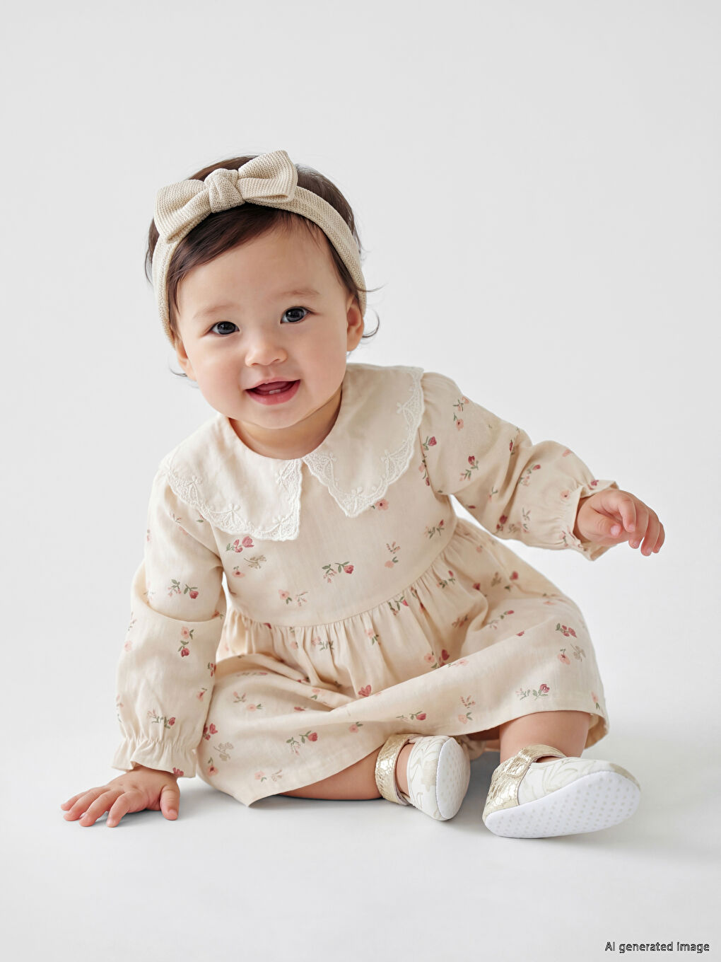 Peter Pan Collar Floral Baby Girls' Gabardine Dress