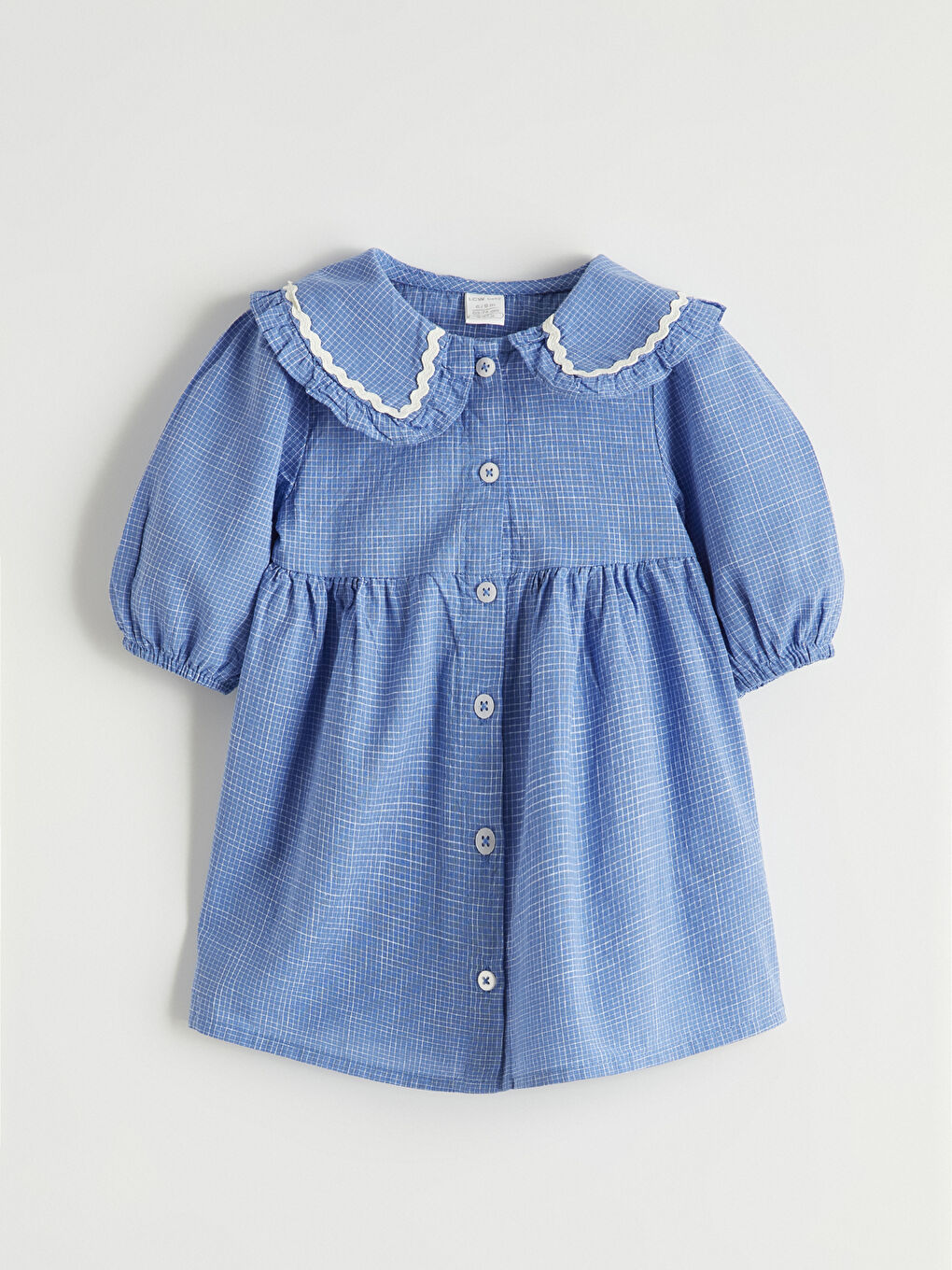 Mavi Nakışlı Bebe Yaka Kareli Kız Bebek Elbise