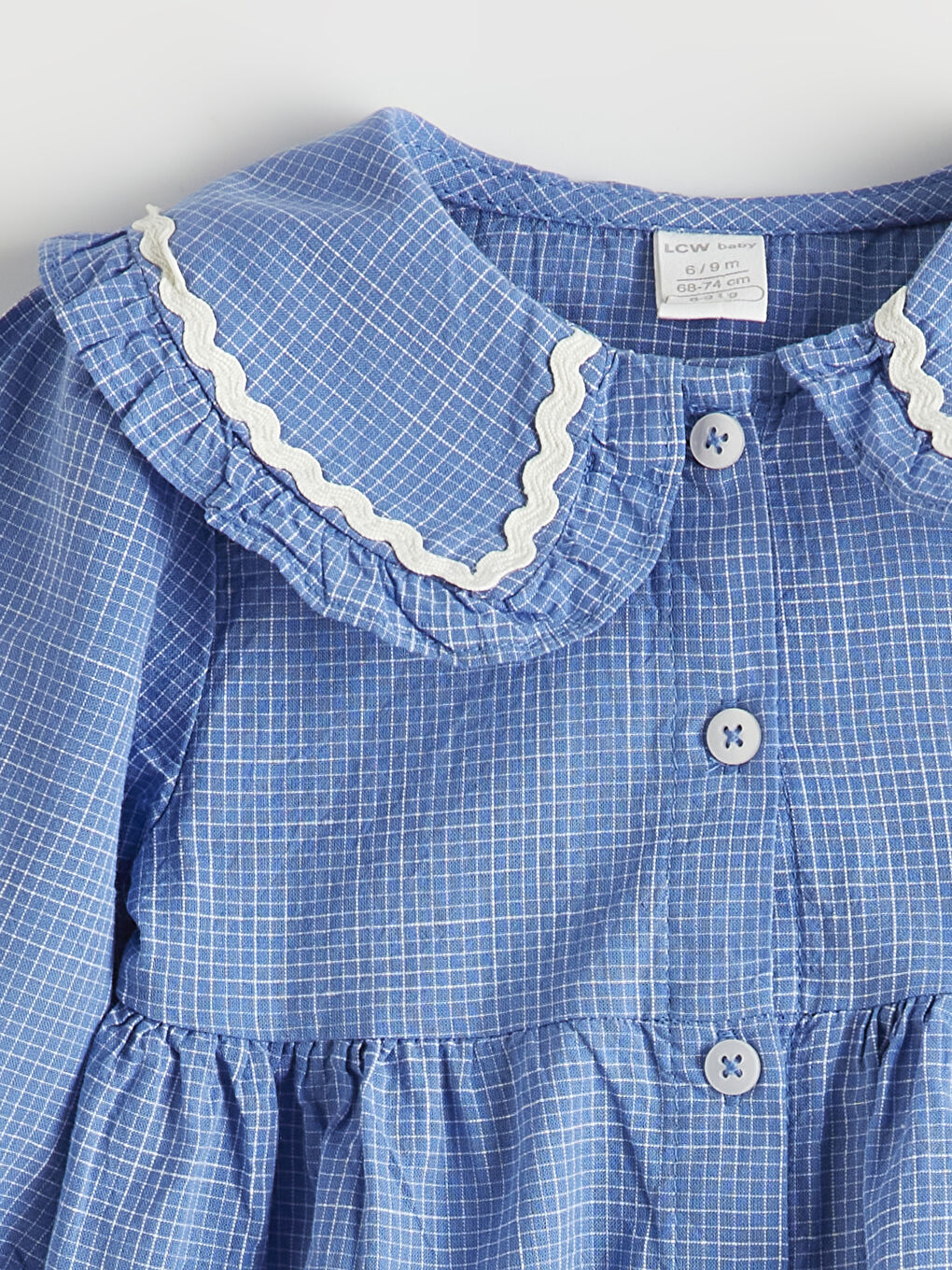 Mavi Nakışlı Bebe Yaka Kareli Kız Bebek Elbise-1