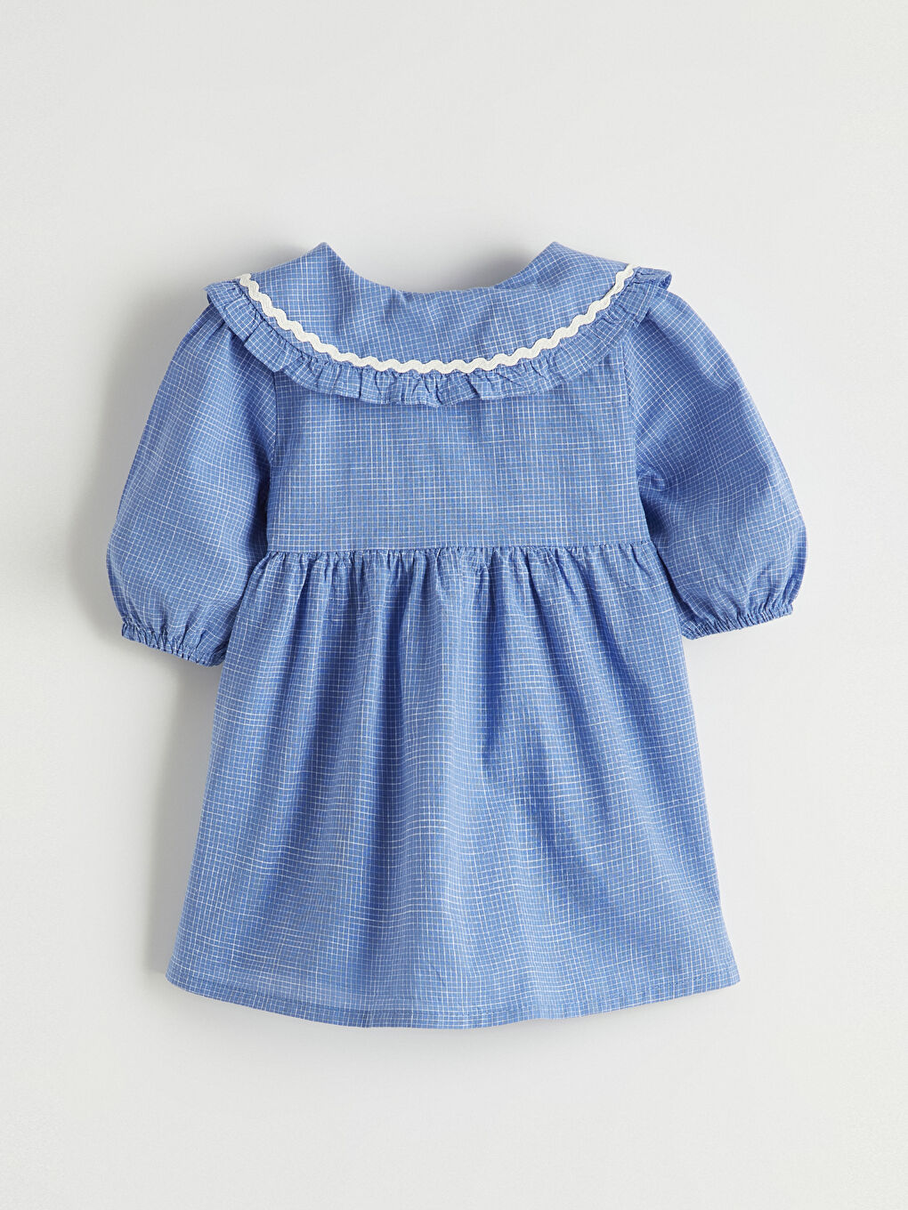 Mavi Nakışlı Bebe Yaka Kareli Kız Bebek Elbise-2