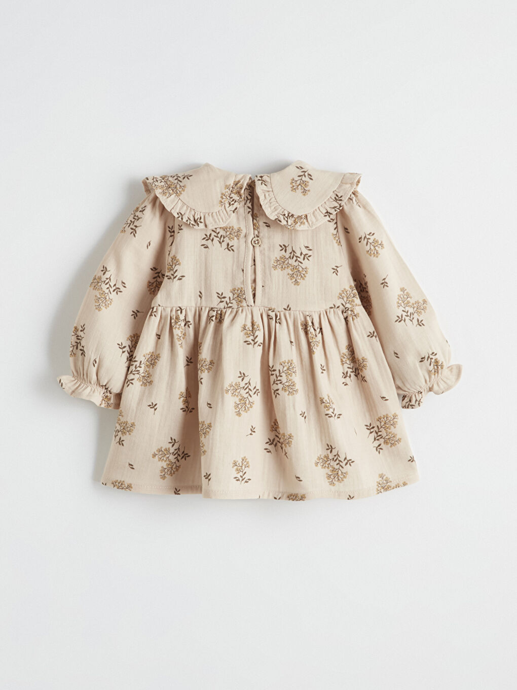 Bej Bebe Yaka Çiçekli Kız Bebek Müslin Elbise-2