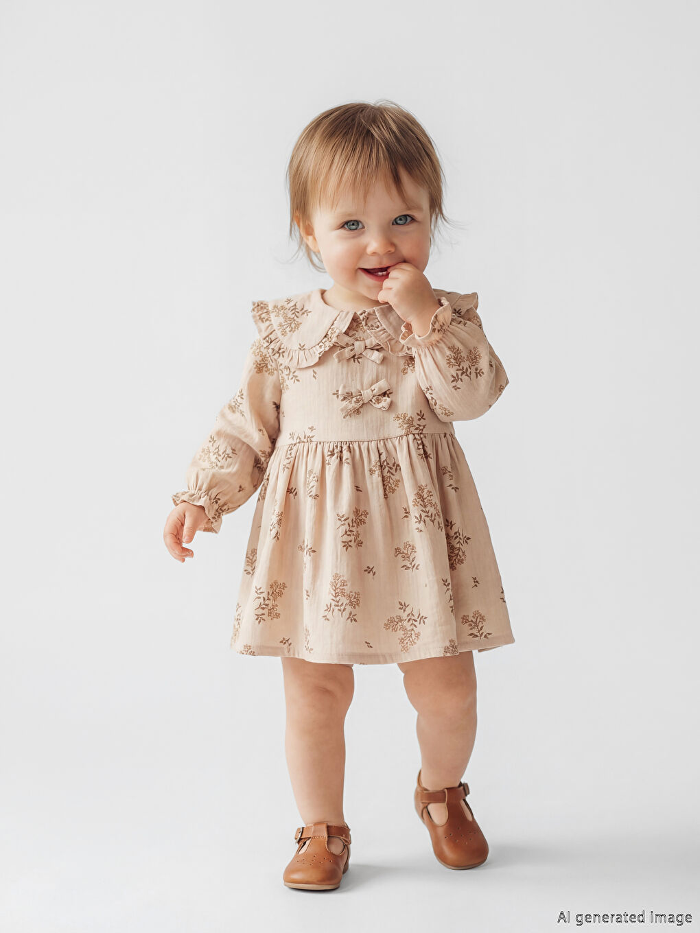 Bej Bebe Yaka Çiçekli Kız Bebek Müslin Elbise