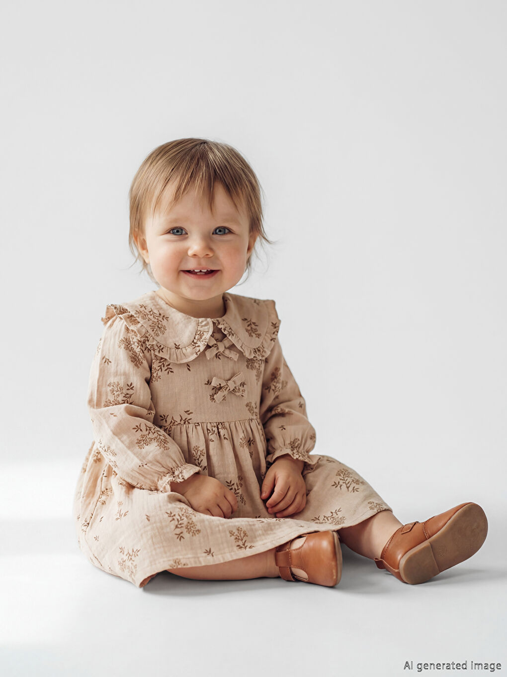 Bej Bebe Yaka Çiçekli Kız Bebek Müslin Elbise-1