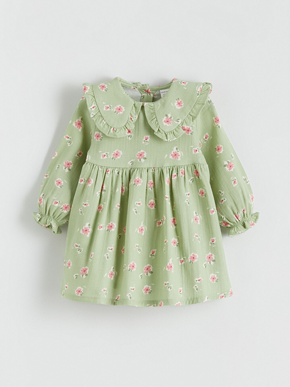 Yeşil Bebe Yaka Çiçekli Müslin Kız Bebek Elbise