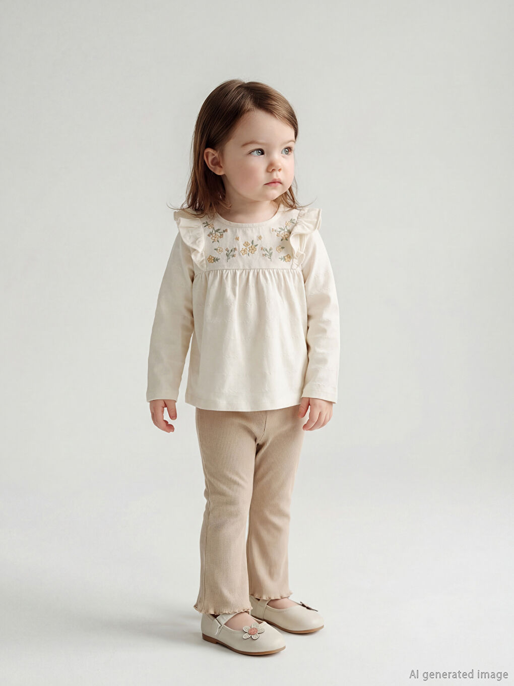 Bej Nakış Desenli İspanyol Paça Kız Bebek Bluz ve Tayt