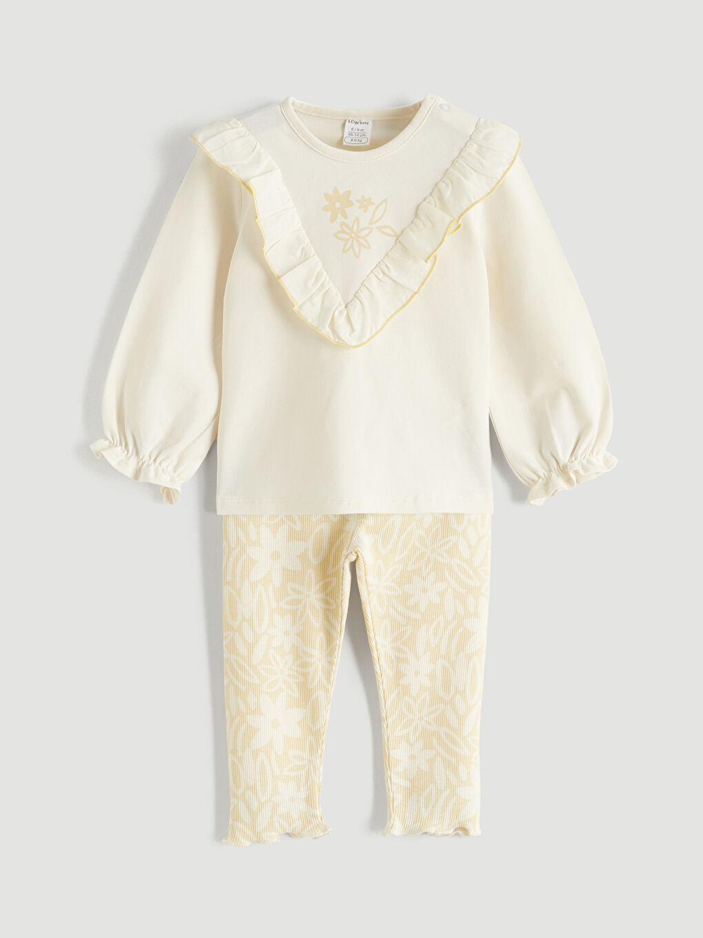 Bej Çiçekli Fırfırlı Kız Bebek Bluz ve Tayt