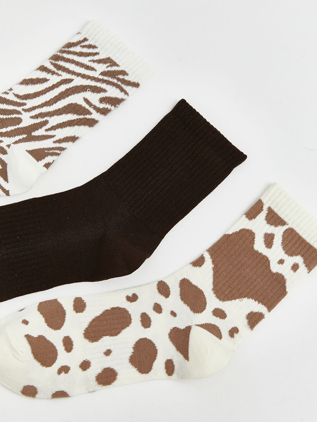 Ekru Leopar Desenli Kadın Soket Çorap 3'lü-1