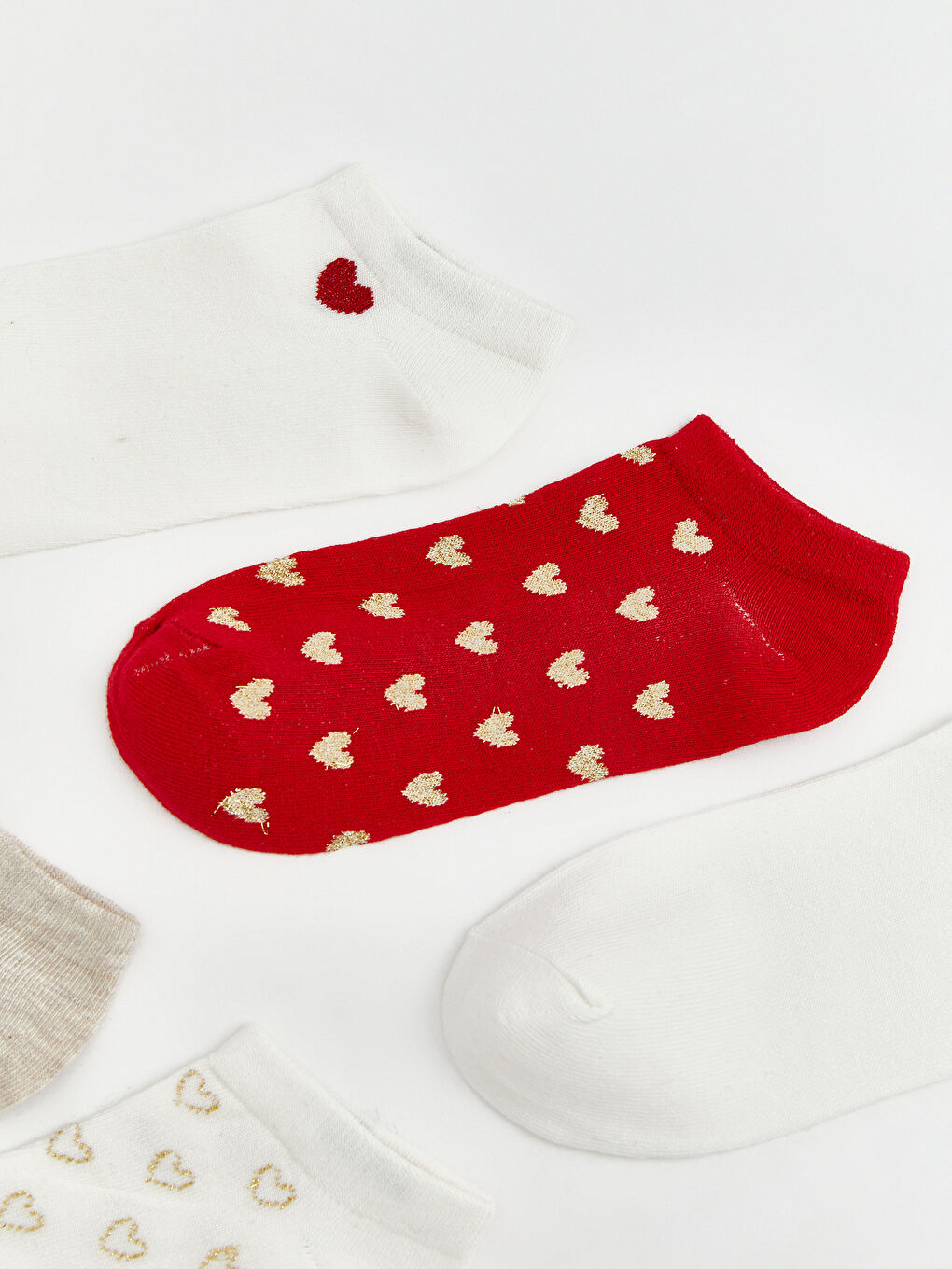 Ekru Kalp Desenli Kadın Patik Çorap 5'li-1