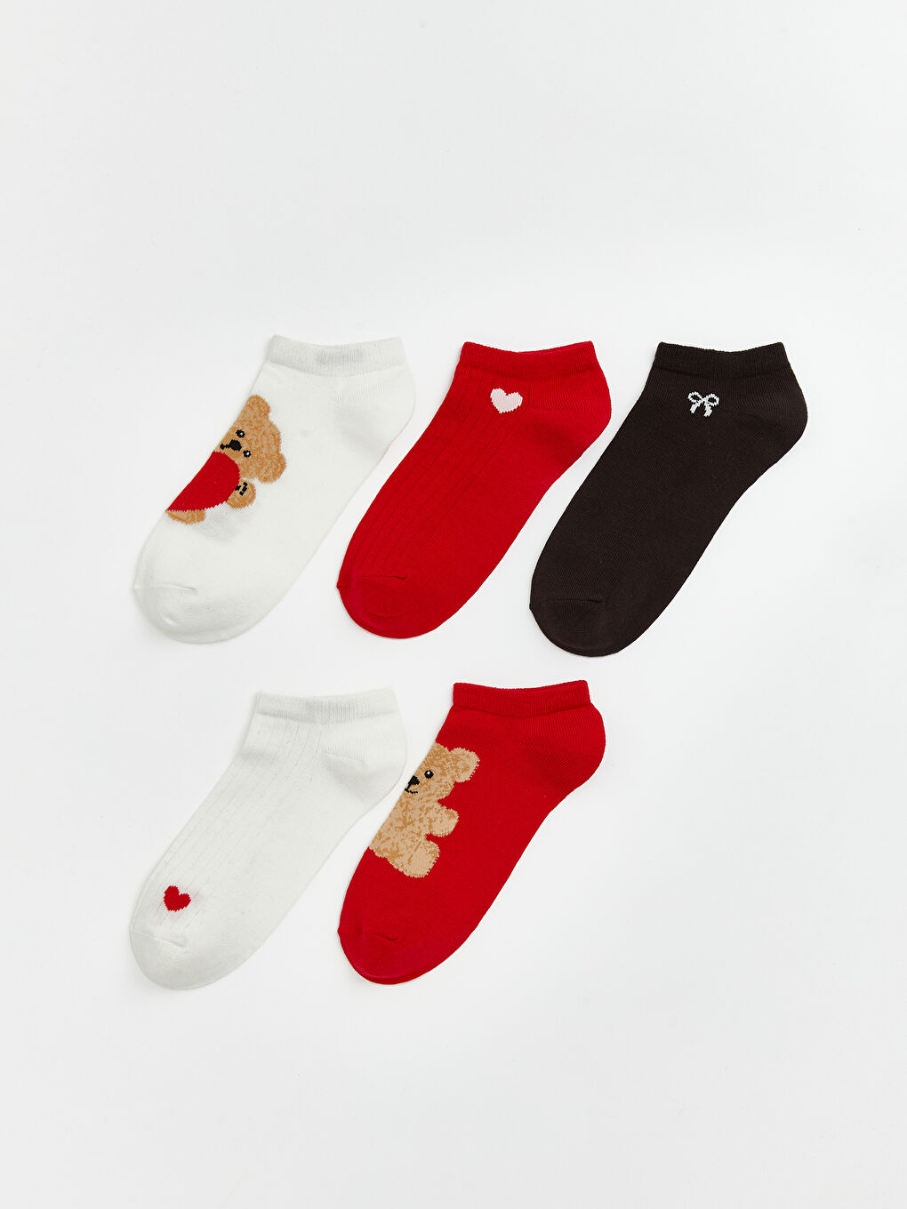 Ekru Ayı Baskılı Kadın Patik Çorap 5'li