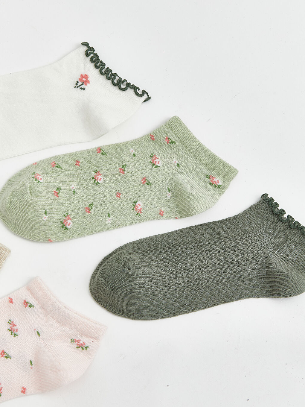 Ekru Çiçekli Kadın Patik Çorap 5'li-1
