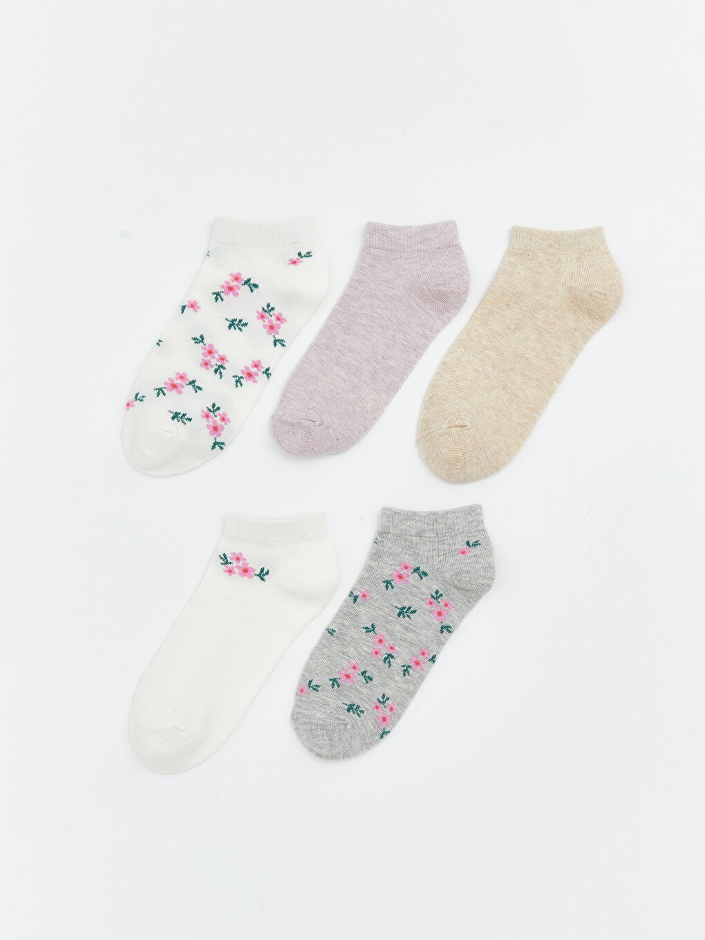 Ekru Çiçekli Kadın Patik Çorap 5'li