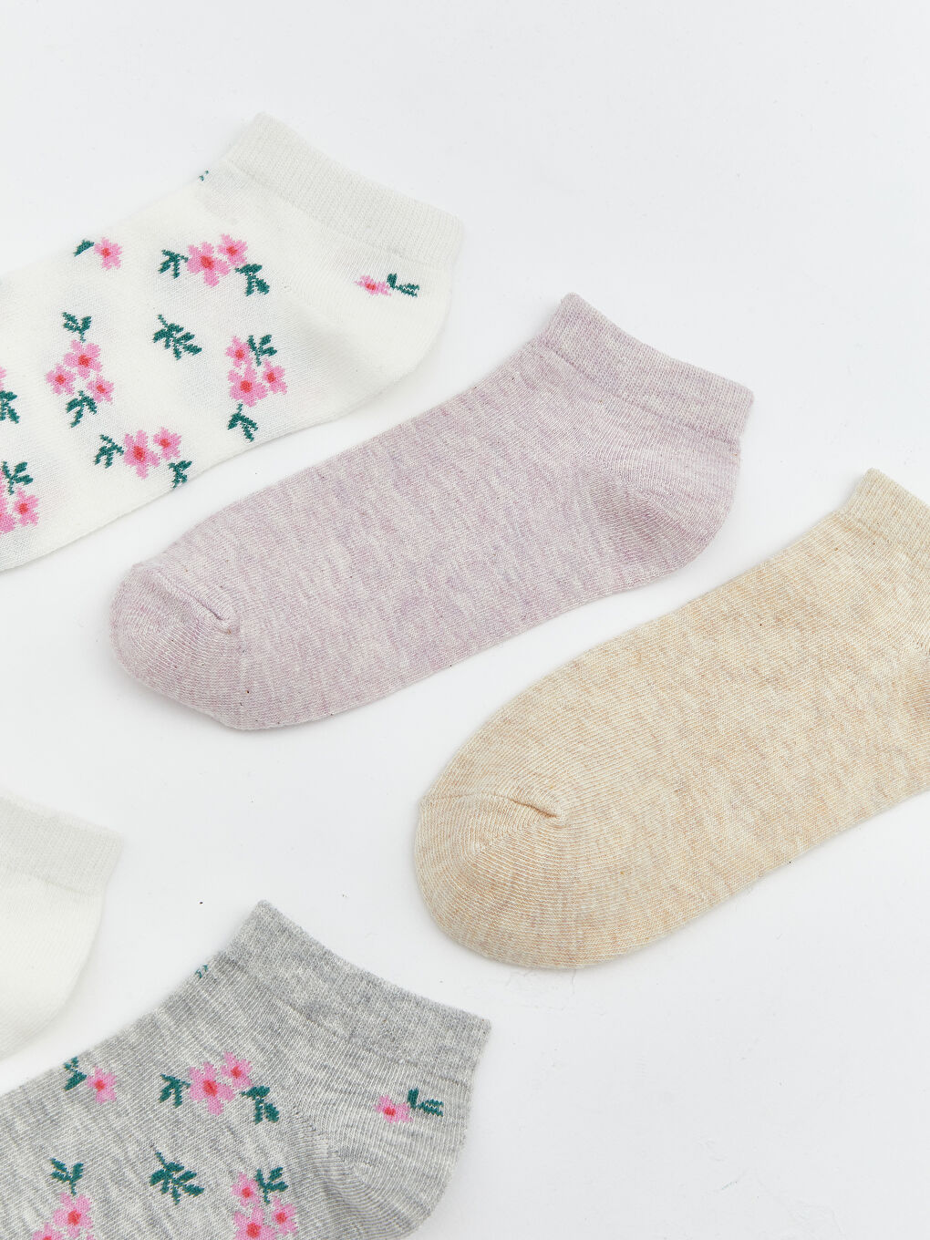 Ekru Çiçekli Kadın Patik Çorap 5'li-1