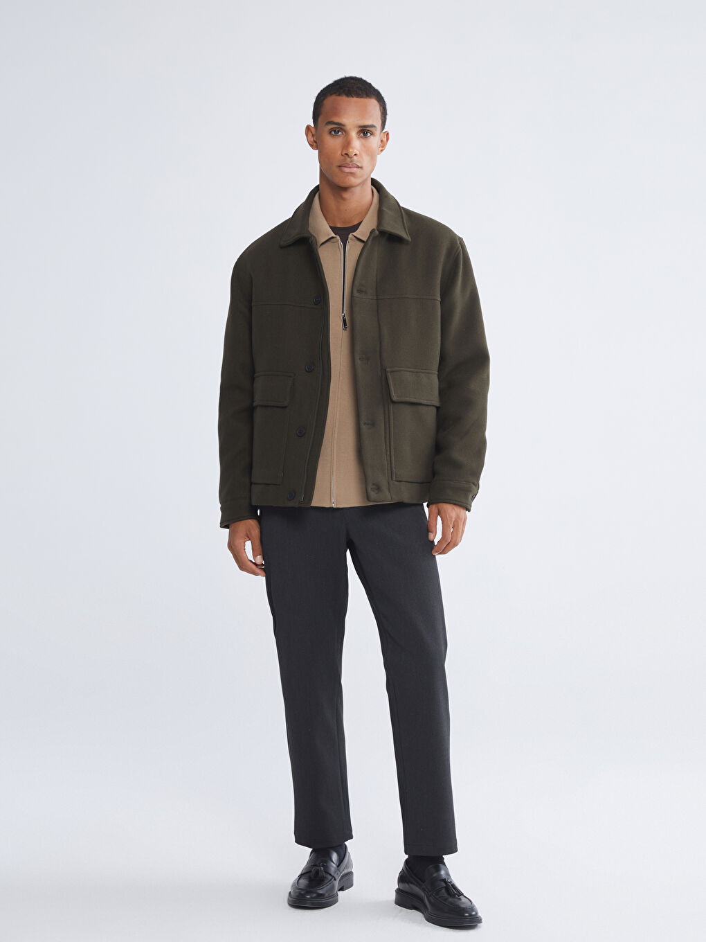 Haki Standart Kalıp Gömlek Yaka Erkek Kaşe Mont-1