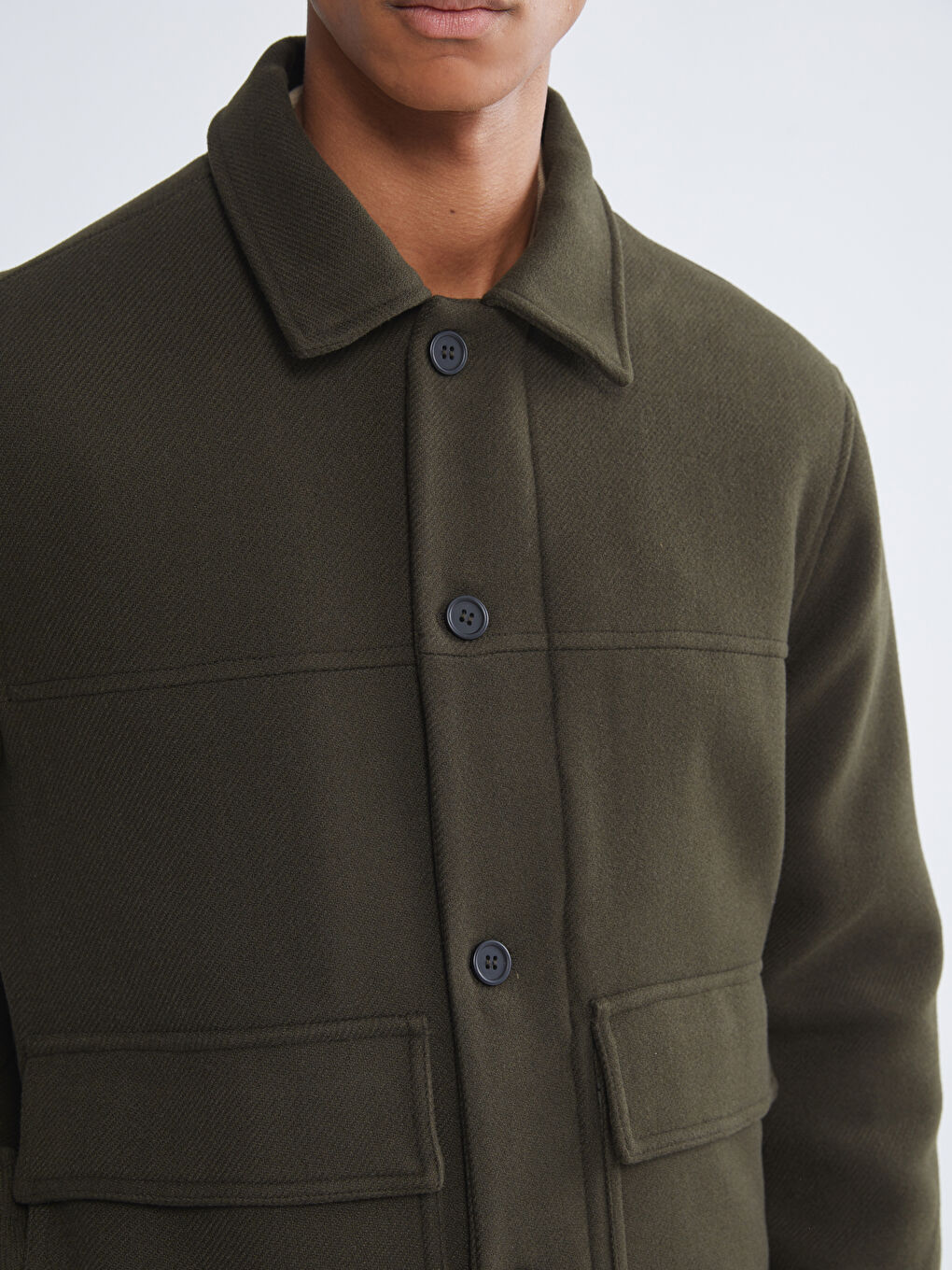 Haki Standart Kalıp Gömlek Yaka Erkek Kaşe Mont-2