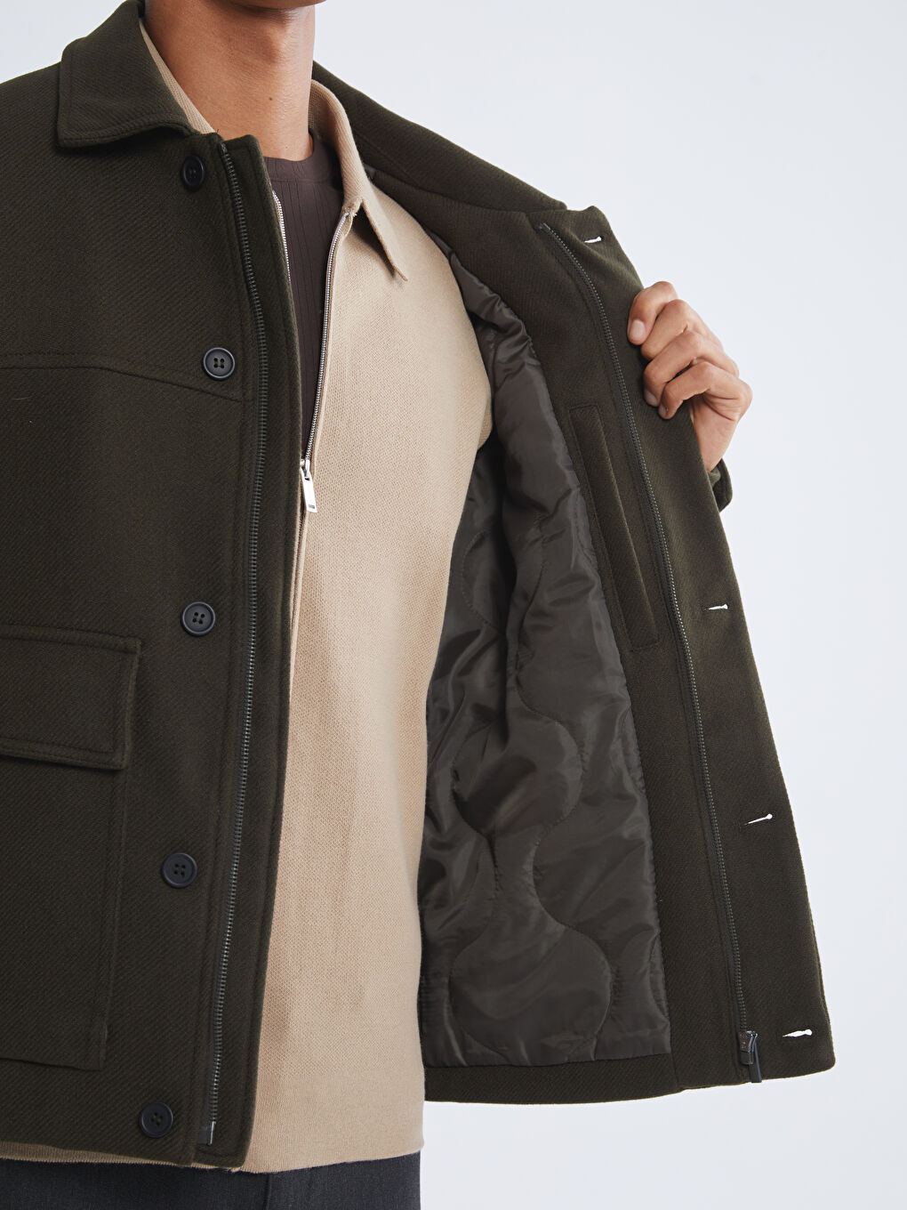 Haki Standart Kalıp Gömlek Yaka Erkek Kaşe Mont-3