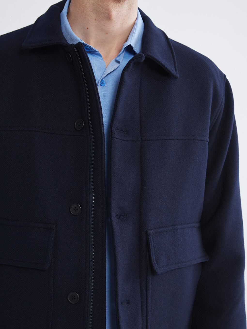 Lacivert Standart Kalıp Gömlek Yaka Erkek Kaşe Mont-2