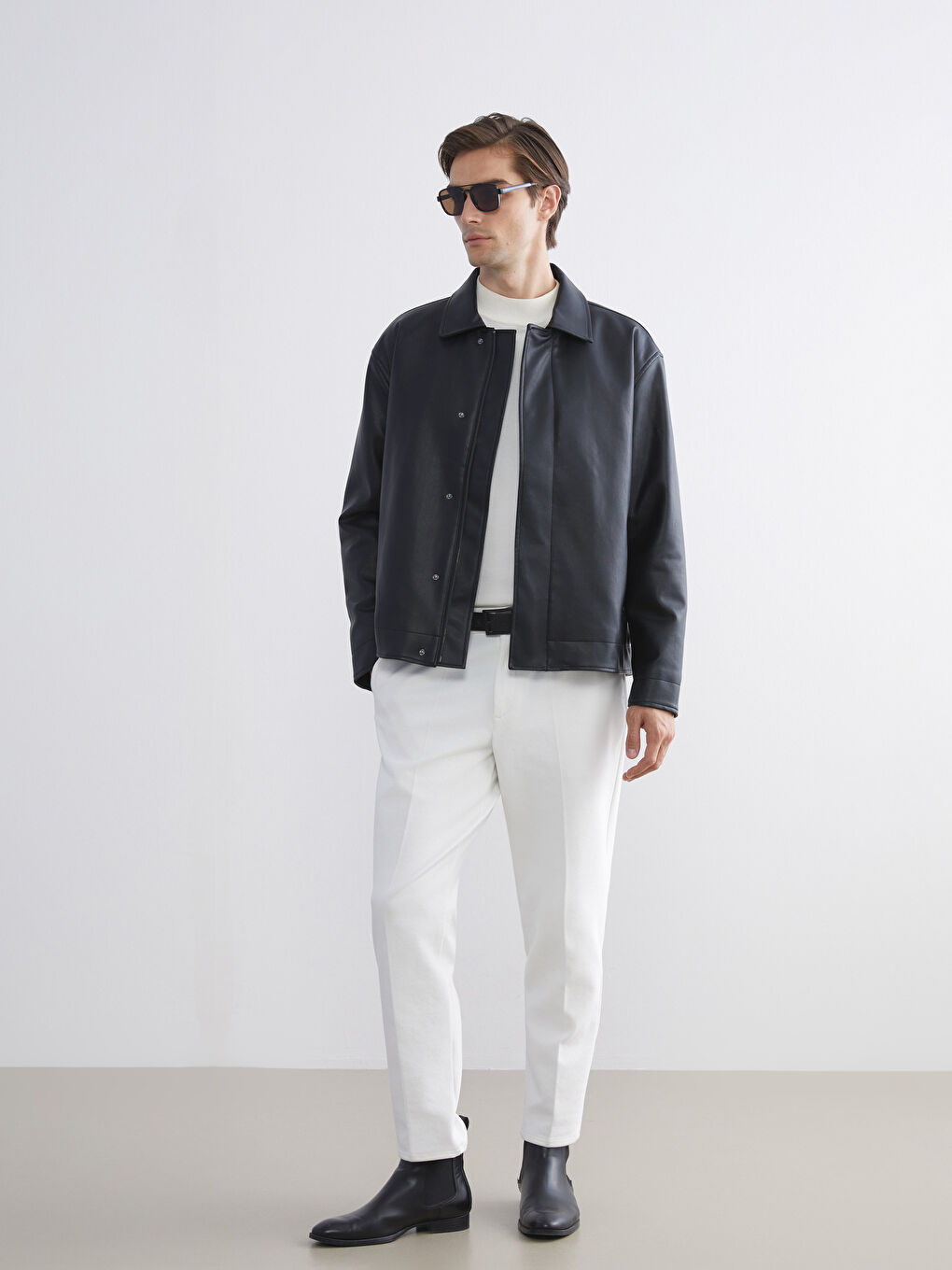 Relaxed Fit Collared Neck Men's Faux Leather Jacket-1