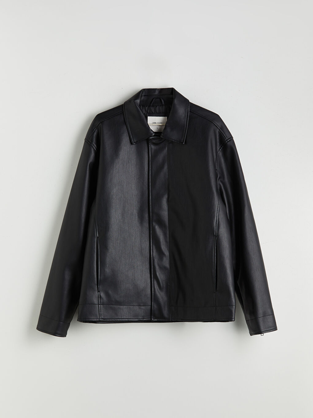 Relaxed Fit Collared Neck Men's Faux Leather Jacket-5