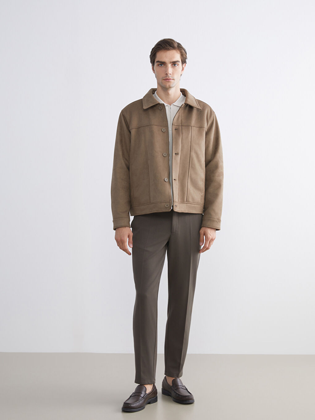 Bej Rahat Kalıp Gömlek Yaka Süet Erkek Mont-1