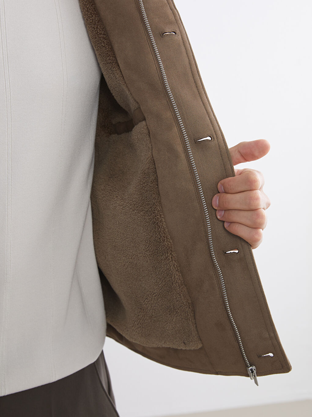 Bej Rahat Kalıp Gömlek Yaka Süet Erkek Mont-3