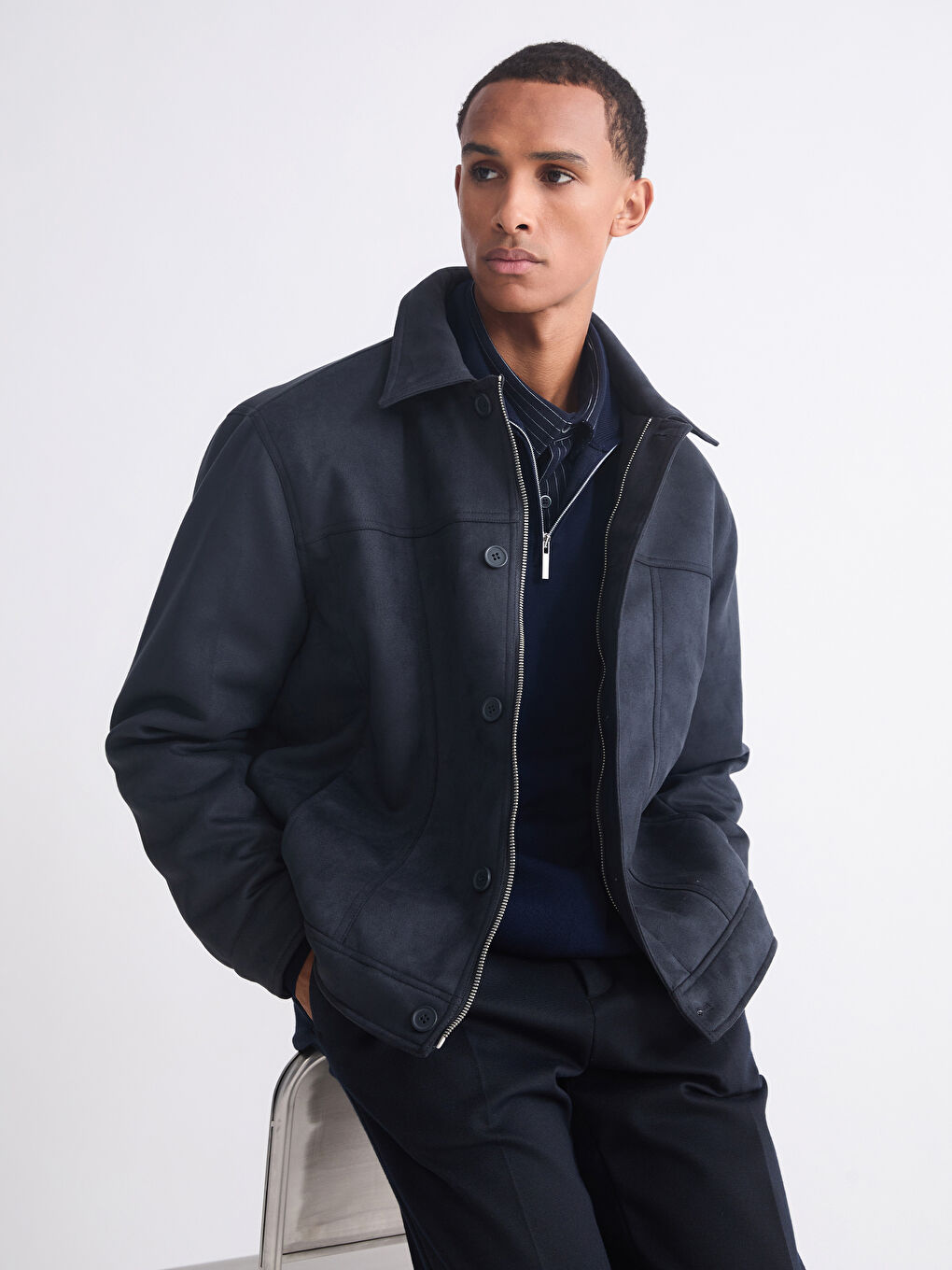 Antrasit Rahat Kalıp Gömlek Yaka Süet Erkek Mont