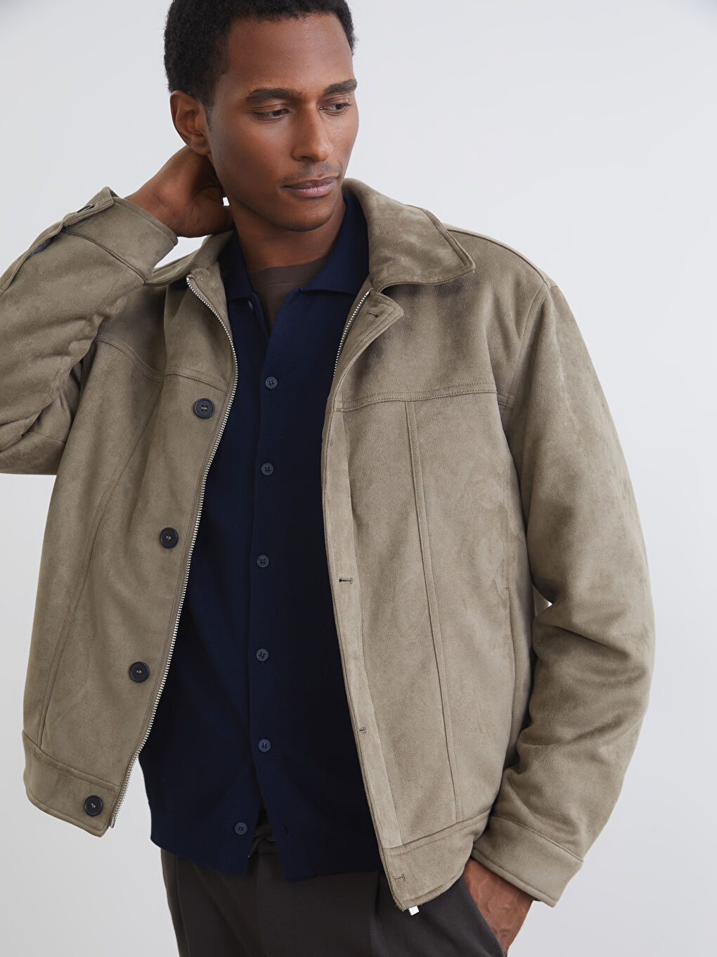 معطف رجال قصة مريحة ياقة بلي كول جلد سويد-2