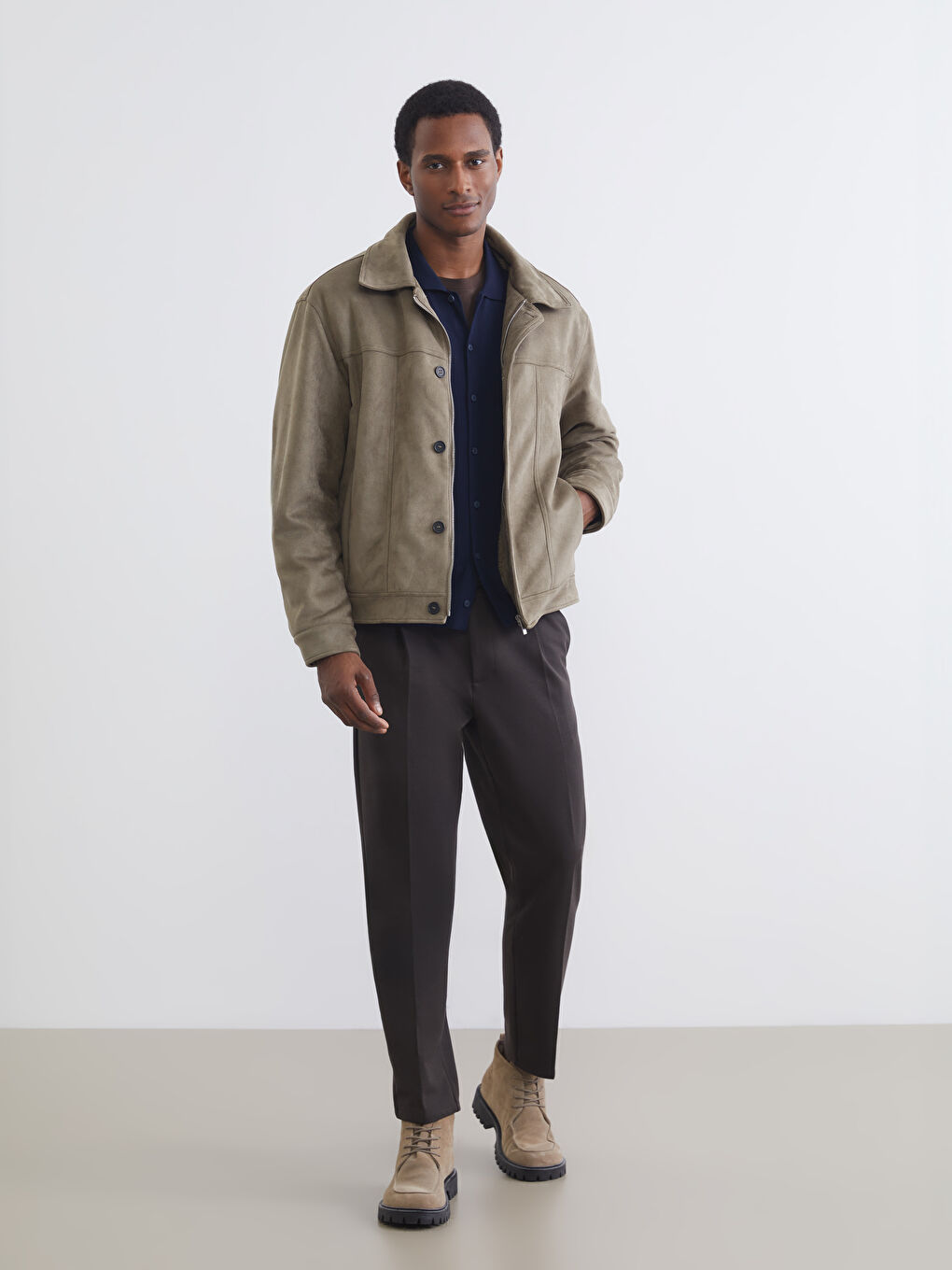 معطف رجال قصة مريحة ياقة بلي كول جلد سويد-3