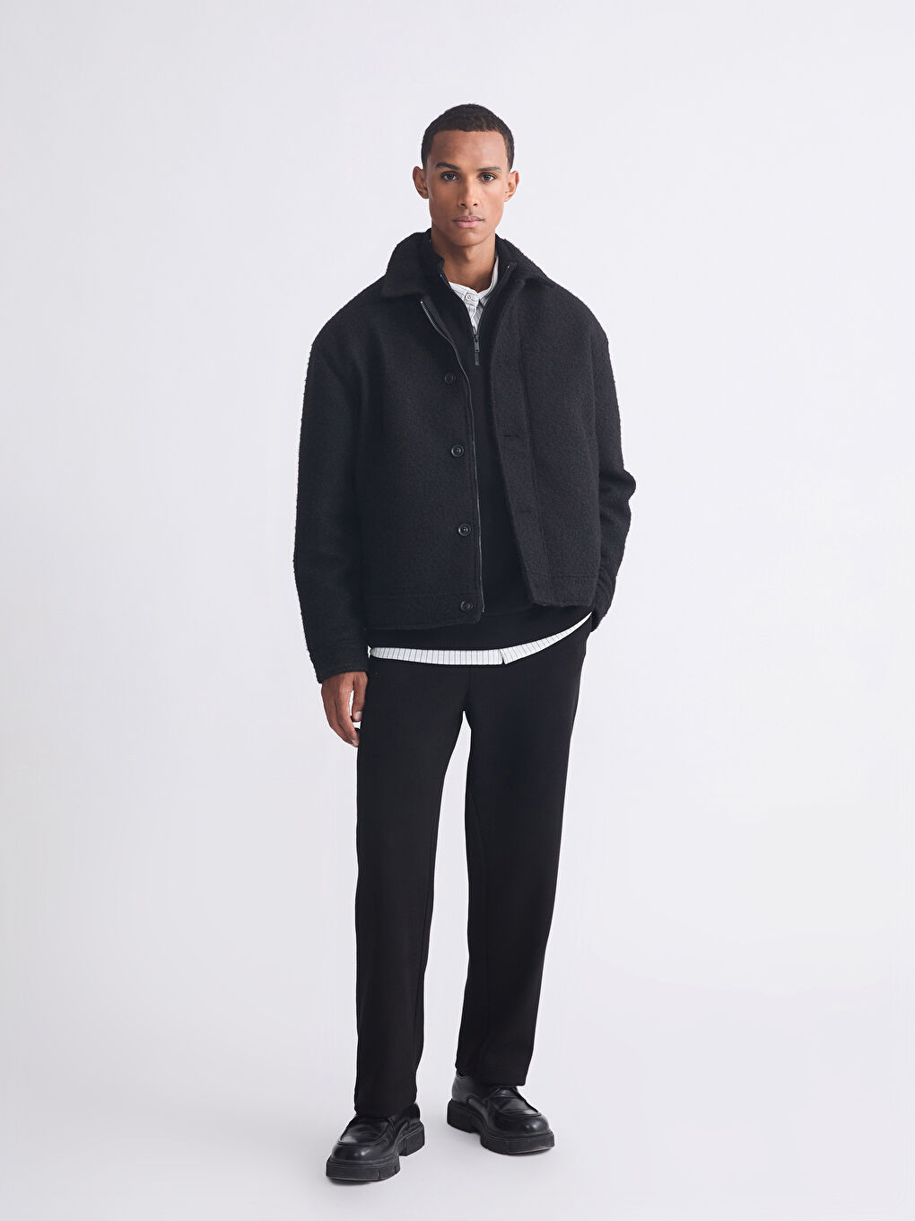 Siyah Rahat Kalıp Ceket Yaka Erkek Kaşe Mont-1