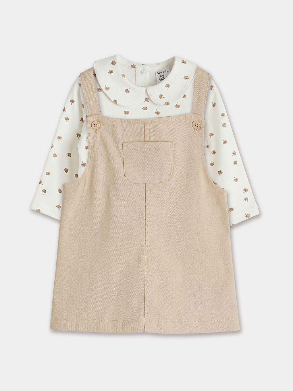 Bej Bebe Yaka Desenli Kız Bebek Gabardin Elbise