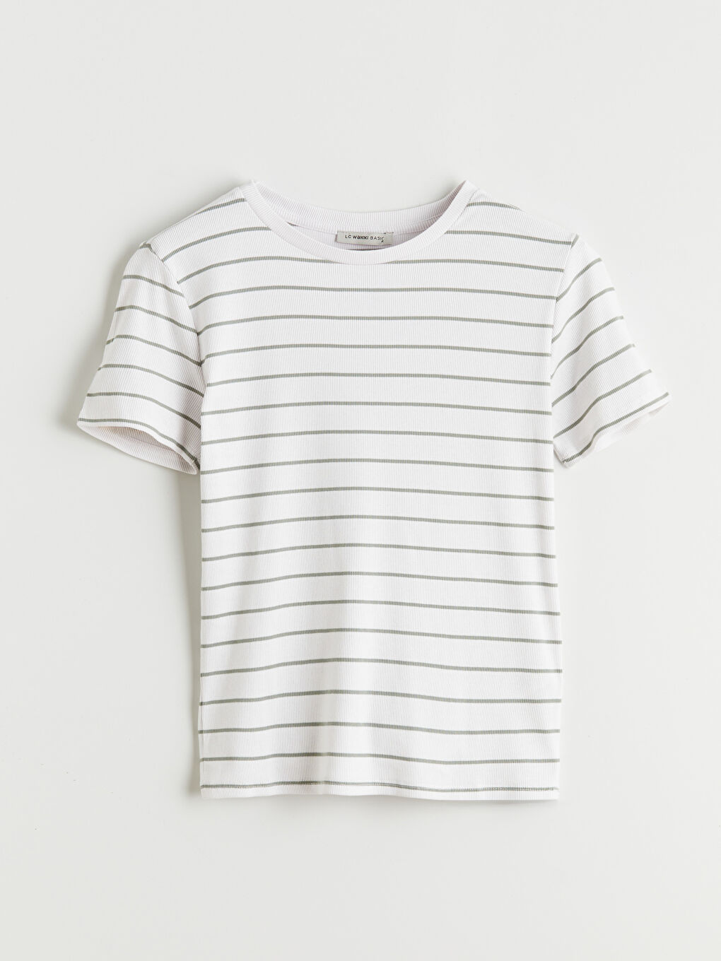 Әйелдерге арналған жолақты дөңгелек жағалы футболка-4