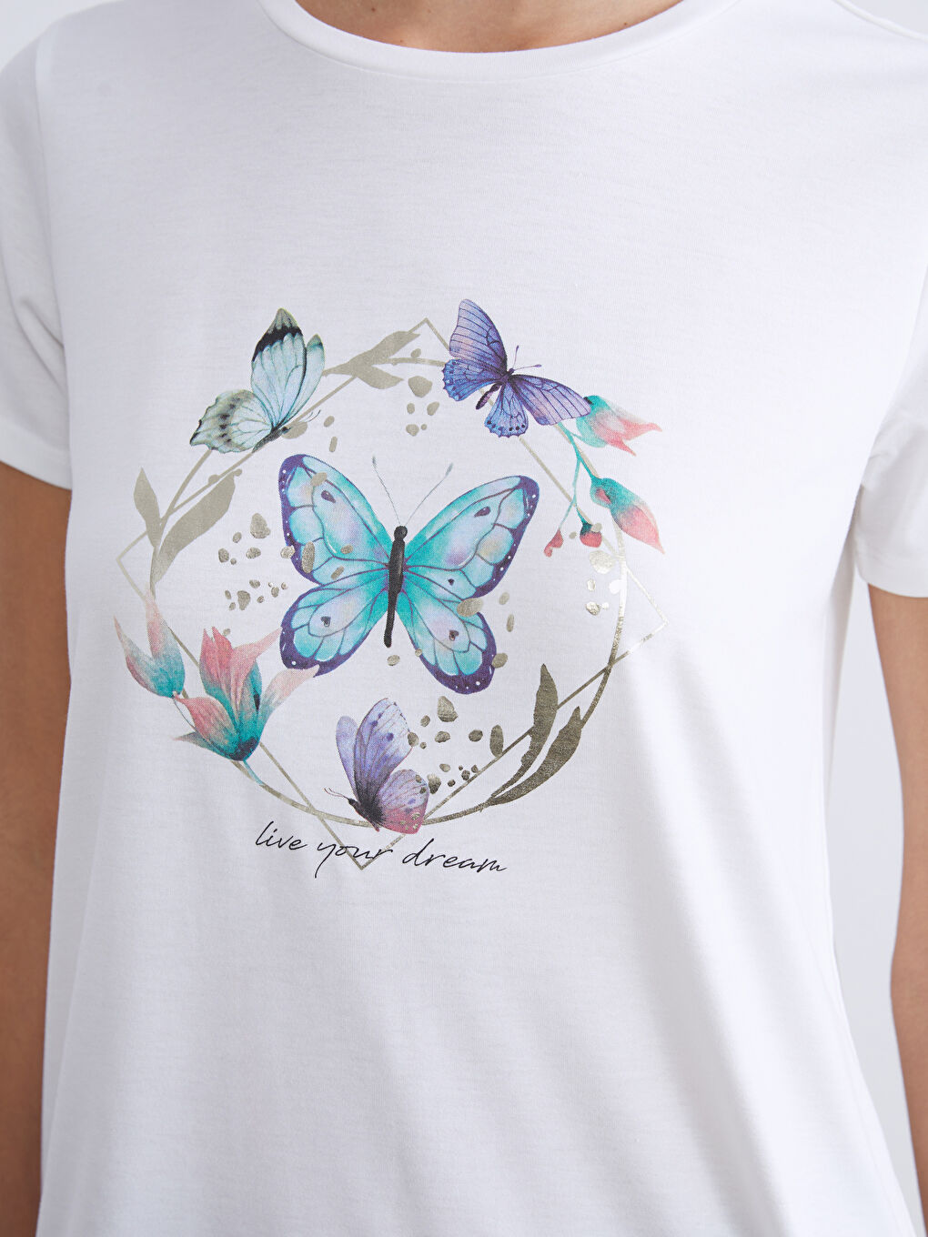 Ekru Bisiklet Yaka Baskılı Kadın Tişört-2