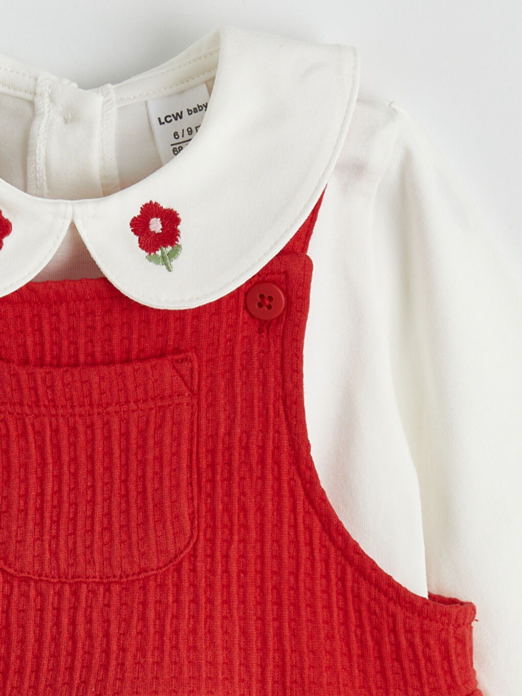 Kırmızı Bebe Yaka Nakışlı Kız Bebek Bluz ve Salopet Elbise-1