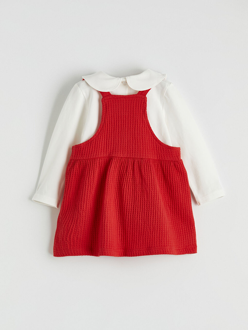 Kırmızı Bebe Yaka Nakışlı Kız Bebek Bluz ve Salopet Elbise-5