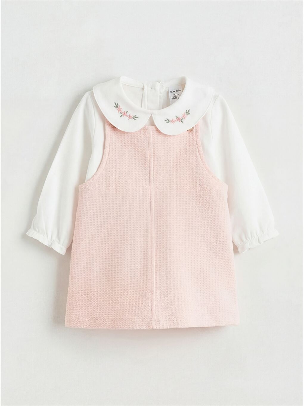 Pembe Bebe Yaka Çiçekli Kız Bebek Salopet Elbise-1