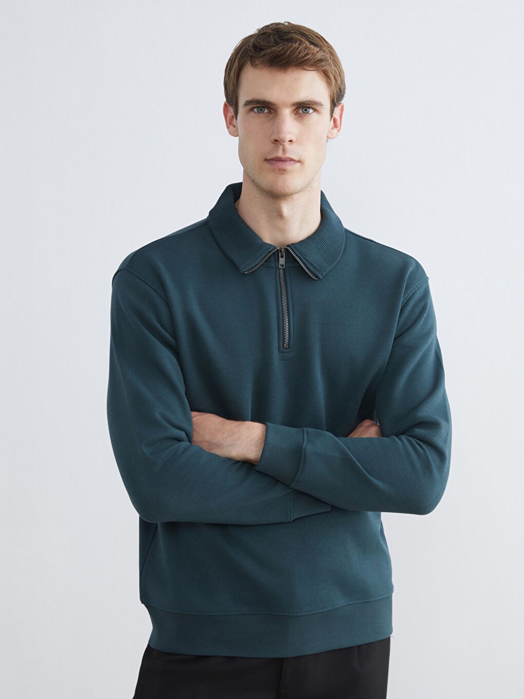 Petrol Dik Yaka Erkek Sweatshirt