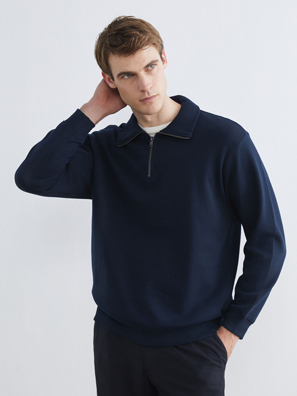 Lacivert Dik Yaka Erkek Sweatshirt