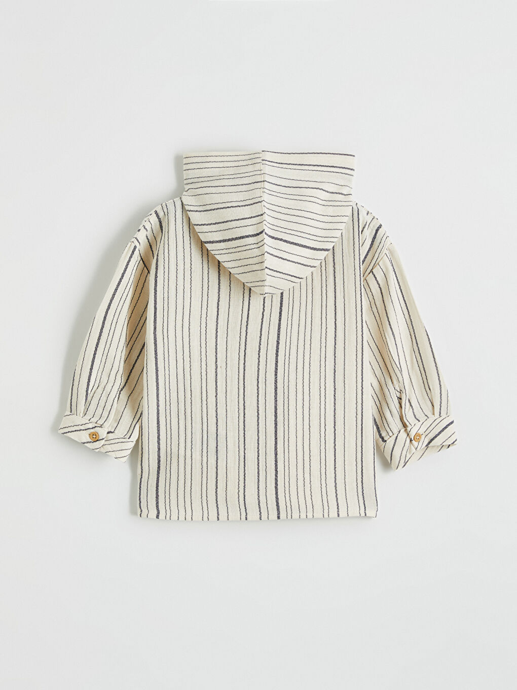Ekru Kapüşonlu Çizgili Erkek Bebek Gömlek-1