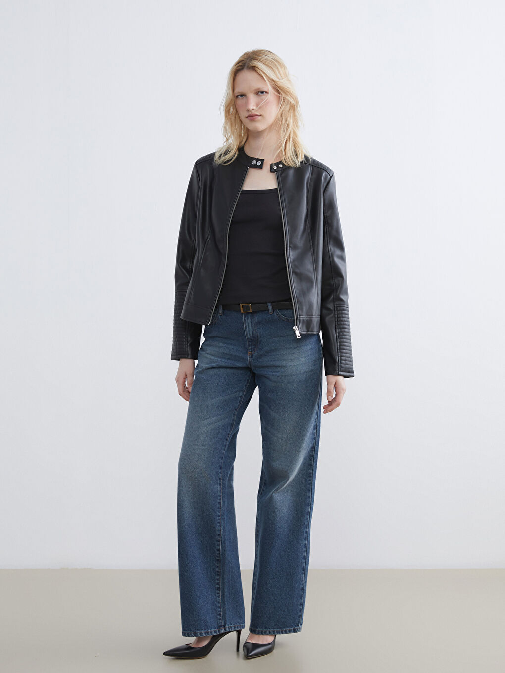 Women's Biker Collar Faux Leather Jacket-1