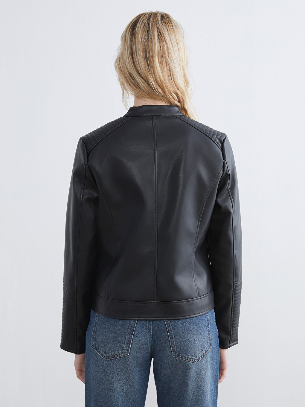 Women's Biker Collar Faux Leather Jacket-4