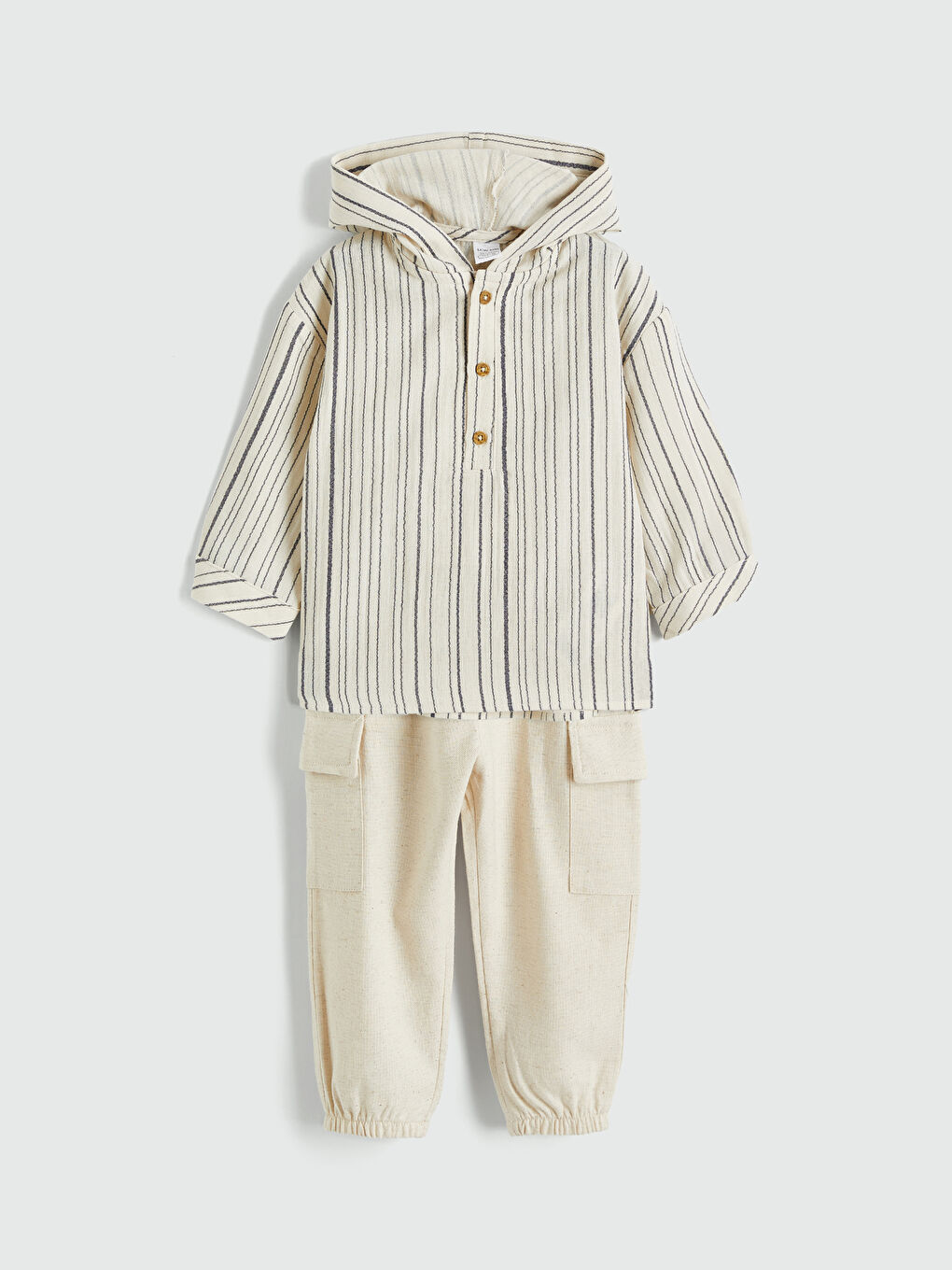 Ekru Erkek Bebek Kapüşonlu Gömlek ve Pantolon